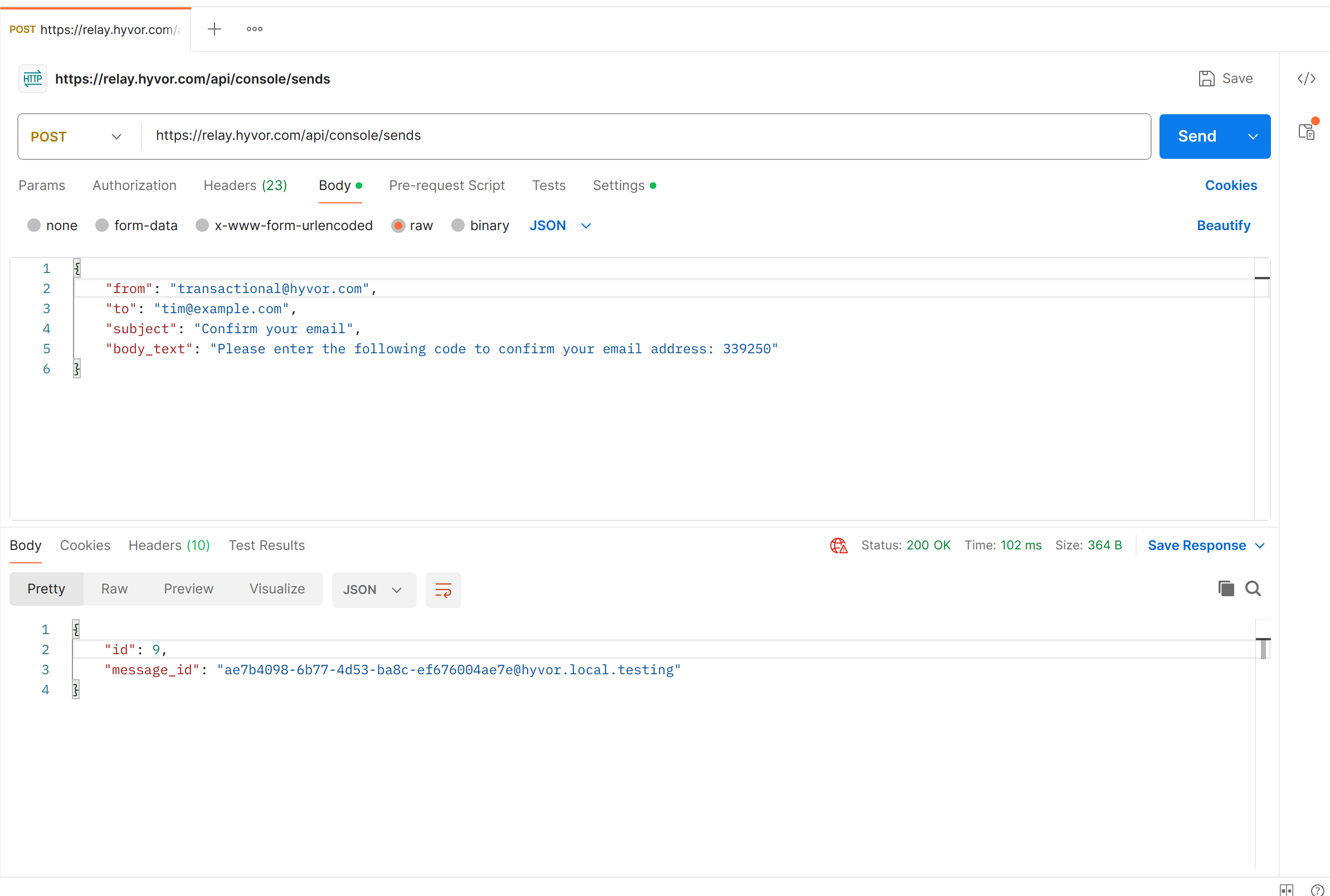 Sending an email via Console API, with Postman
